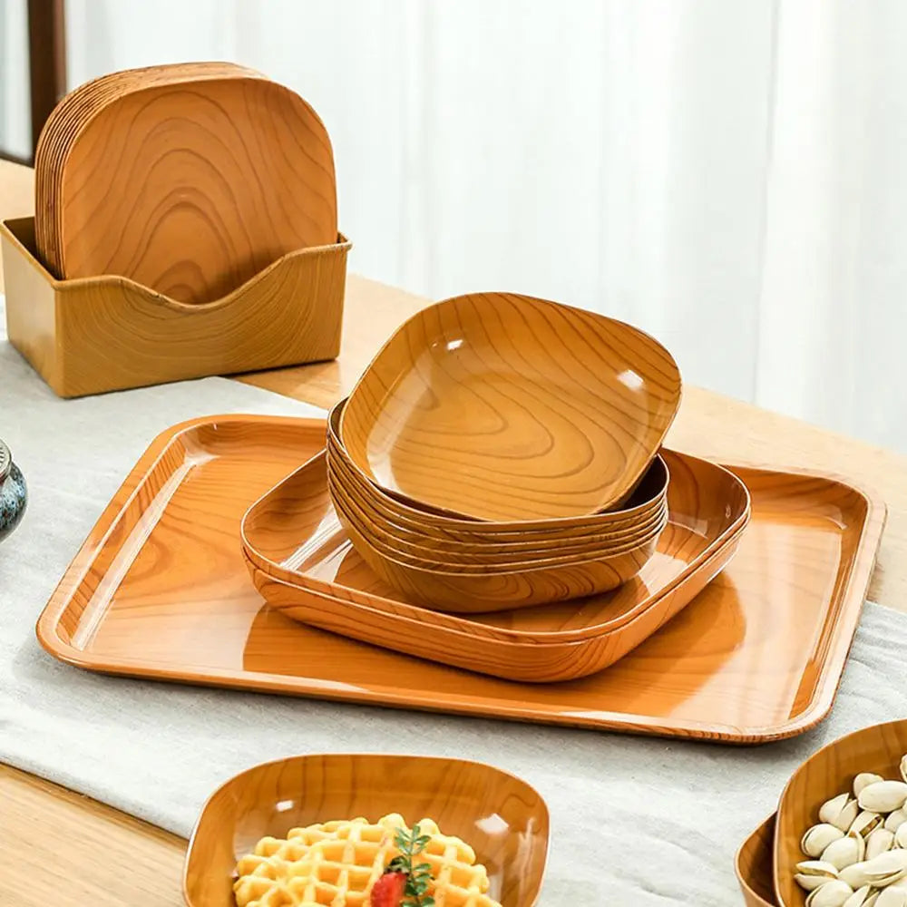 Kitchen Wood Grain Plastic Square Tray Plate Dried Fruit Fruit Cake Snack Plates Simple Snack Tea Art Dish Bone Spitting Dish