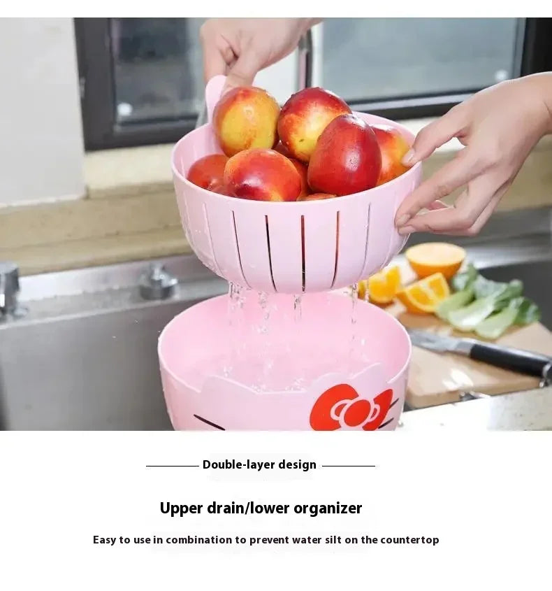 Hello Kitty Fruit Tray Vegetable Basket Household Use Double Kitchen Storage Basketful Convenient Fruit Dish Kitchen Supplies