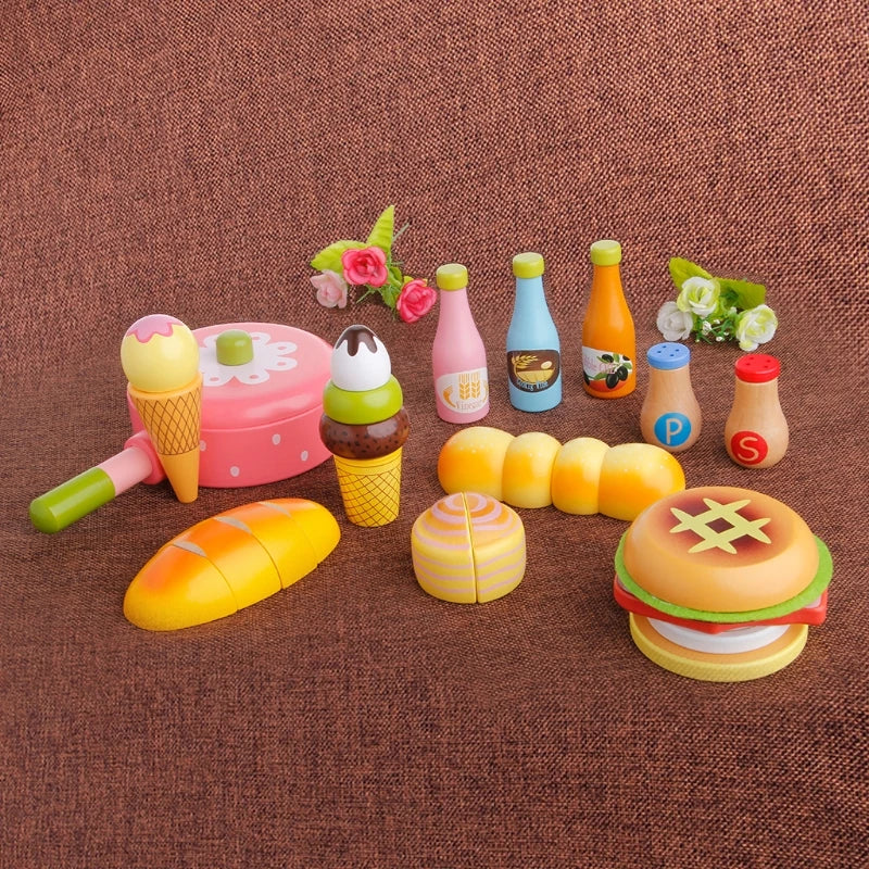 Kids Pretend Role for Play Kitchen Fruit Wooden Toy Cutting Set Child Gifts T21C