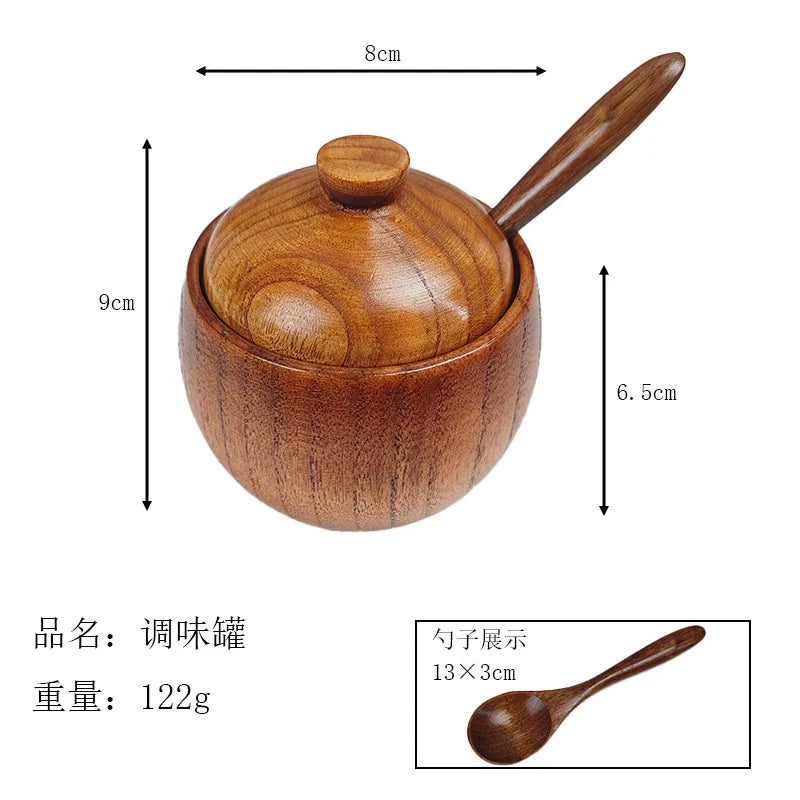 Kitchen Seasoning Jar Creative Retro Wooden Salt Pot Seasoning Storage Jar Spice Pot With Lid