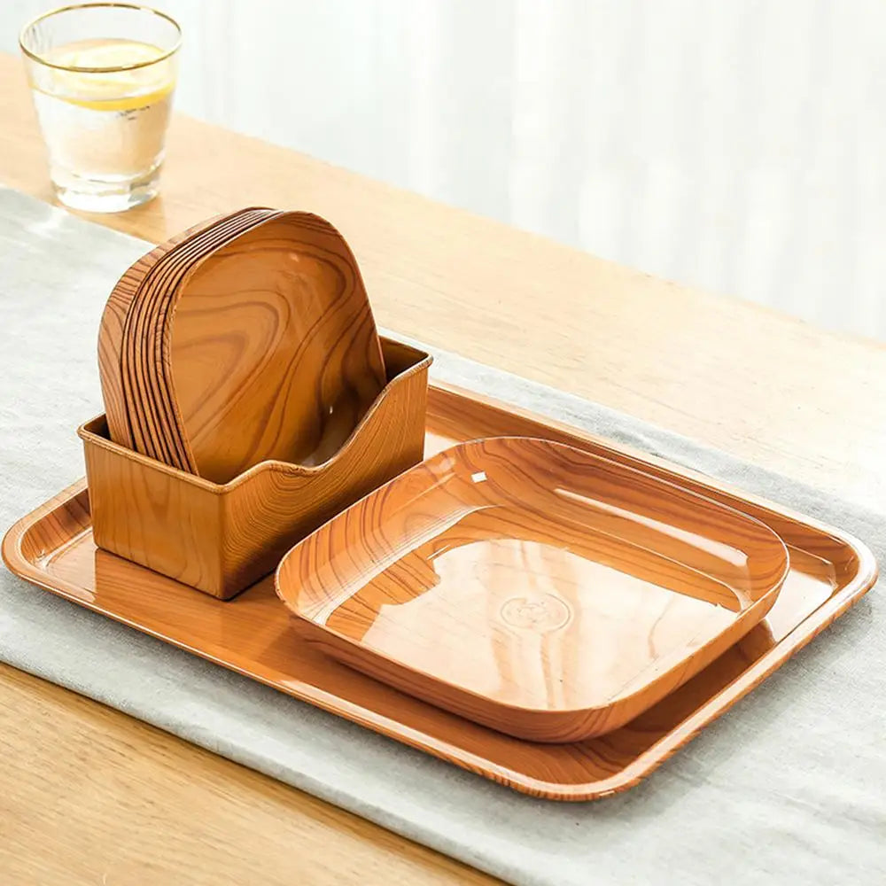 Kitchen Wood Grain Plastic Square Tray Plate Dried Fruit Fruit Cake Snack Plates Simple Snack Tea Art Dish Bone Spitting Dish