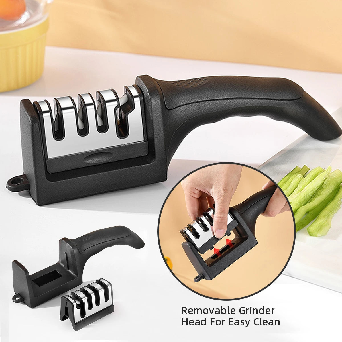 Kitchen 3-Segment Knife Sharpener Household Multi-Functional Hand-Held Three-Purpose Black Sharpening Stone