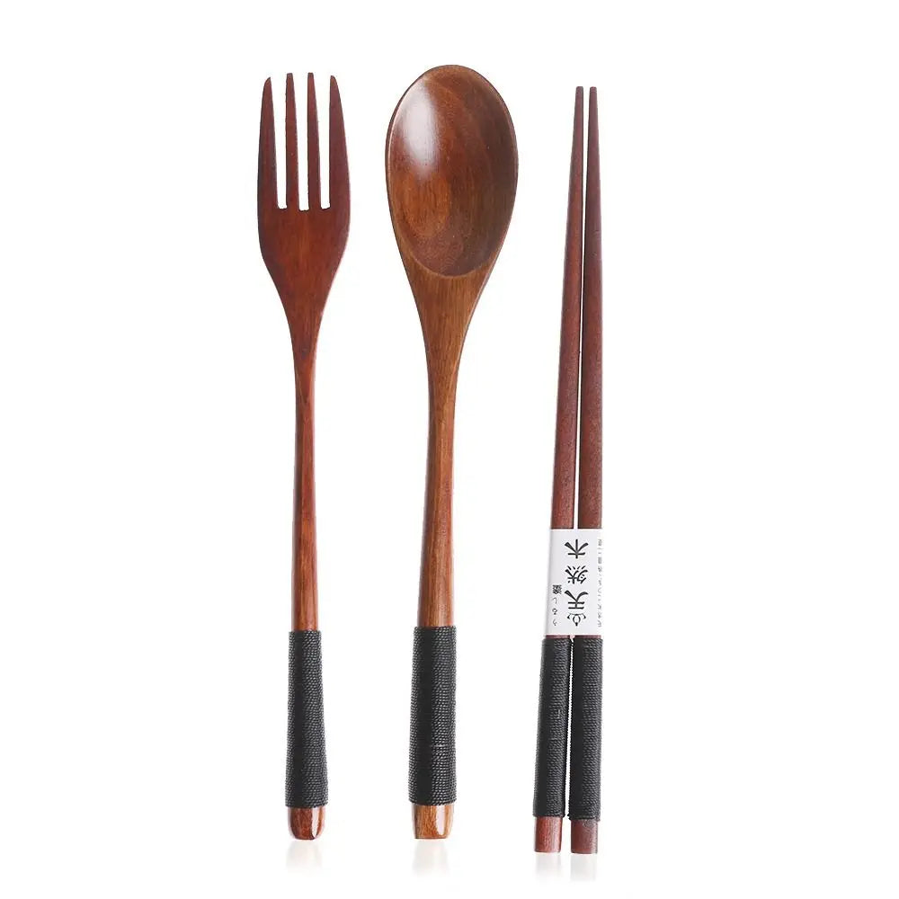 Kitchen Cutlery Set Japanese Style Portable Spoon Fork Chopsticks Cloth Bag Wooden Natural
