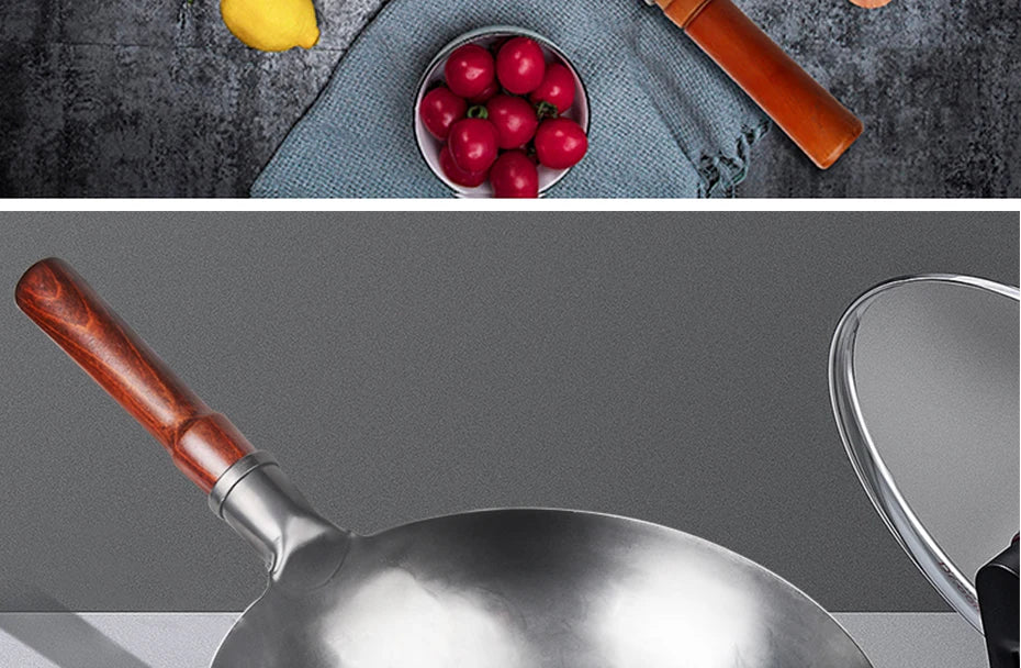 Konco High quality iron pan Non-coating Cooking Pot Kitchen Cookeware,Handmade Hammering Wok Gas Cookware