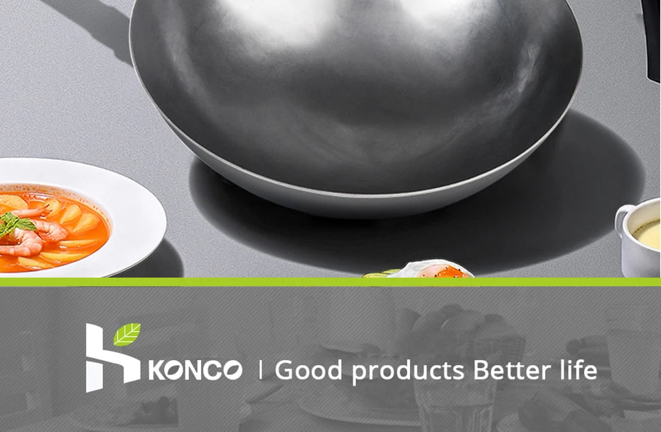 Konco High quality iron pan Non-coating Cooking Pot Kitchen Cookeware,Handmade Hammering Wok Gas Cookware
