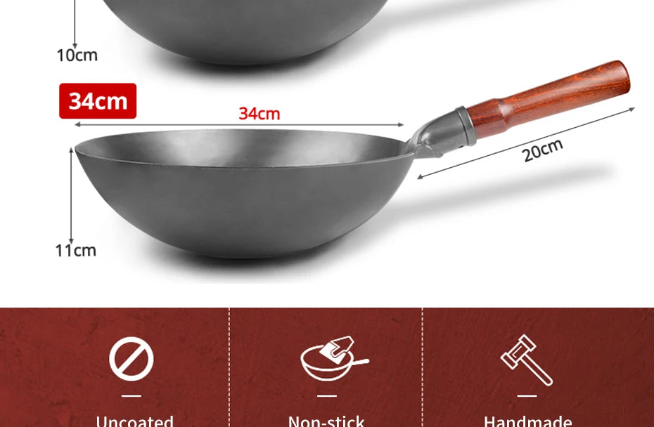 Konco High quality iron pan Non-coating Cooking Pot Kitchen Cookeware,Handmade Hammering Wok Gas Cookware