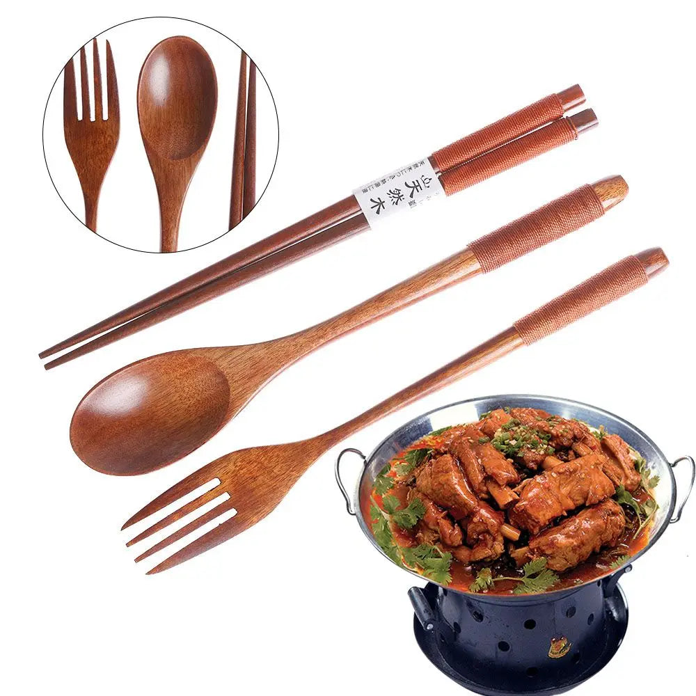 Kitchen Cutlery Set Japanese Style Portable Spoon Fork Chopsticks  Cloth Bag Wooden Natural