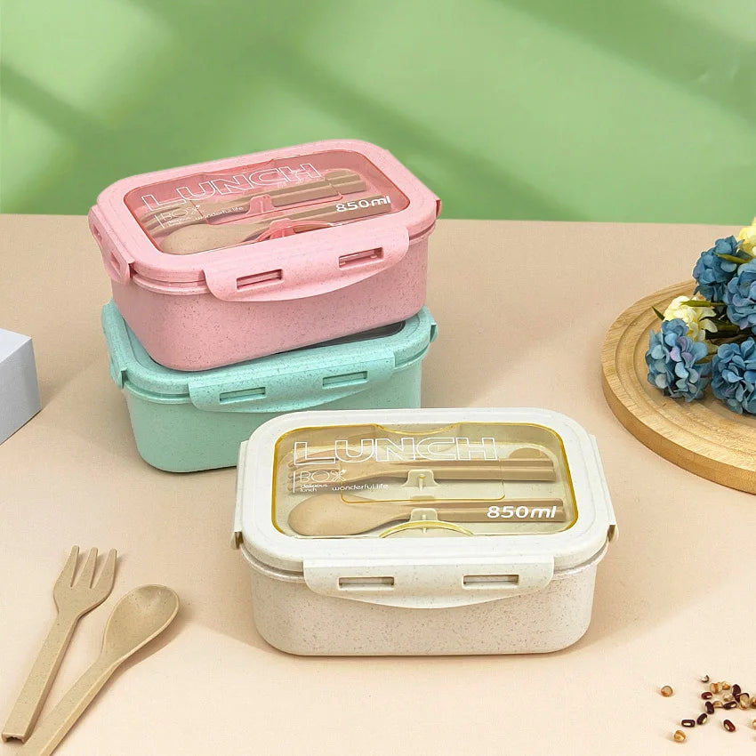 Kitchen 850ml Microwave Lunch Box Wheat Straw Dinnerware Food Storage Container Children Kids School Office Portable Bento Box