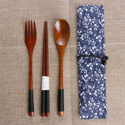 Kitchen Cutlery Set Japanese Style Portable Spoon Fork Chopsticks  Cloth Bag Wooden Natural