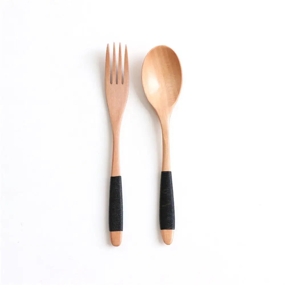 2PCS Wooden Kitchen Supplies Rice Dinner Kit Soups Dinnerware Sets Fork Tableware Spoon DIY
