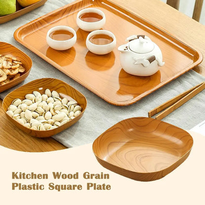 Kitchen Wood Grain Plastic Square Tray Plate Dried Fruit Fruit Cake Snack Plates Simple Snack Tea Art Dish Bone Spitting Dish
