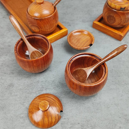 Kitchen Seasoning Jar Creative Retro Wooden Salt Pot Seasoning Storage Jar Spice Pot With Lid