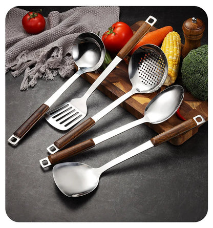 Kitchen Wooden Handle Wok Spatula Cooking Utensils Stainless Steel Frying Shovel Colander Soup Rice Spoon Kitchenware Tools