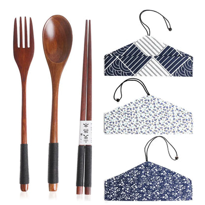 Kitchen Cutlery Set Japanese Style Portable Spoon Fork Chopsticks  Cloth Bag Wooden Natural