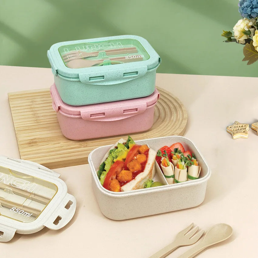 Kitchen 850ml Microwave Lunch Box Wheat Straw Dinnerware Food Storage Container Children Kids School Office Portable Bento Box