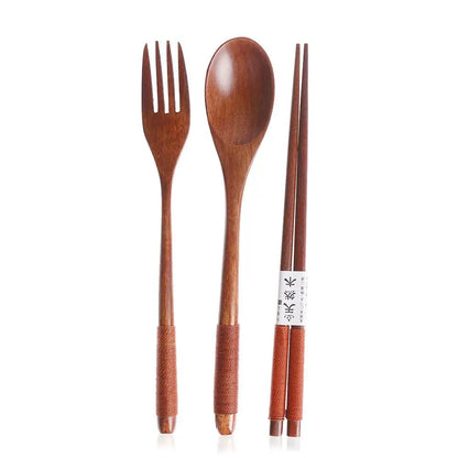 Kitchen Cutlery Set Japanese Style Portable Spoon Fork Chopsticks  Cloth Bag Wooden Natural