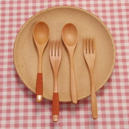 2PCS Wooden Kitchen Supplies Rice Dinner Kit Soups Dinnerware Sets Fork Tableware Spoon DIY