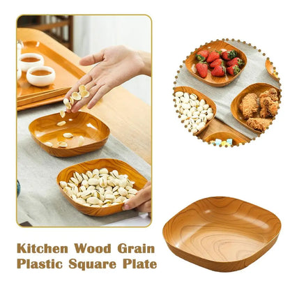 Kitchen Wood Grain Plastic Square Tray Plate Dried Fruit Fruit Cake Snack Plates Simple Snack Tea Art Dish Bone Spitting Dish