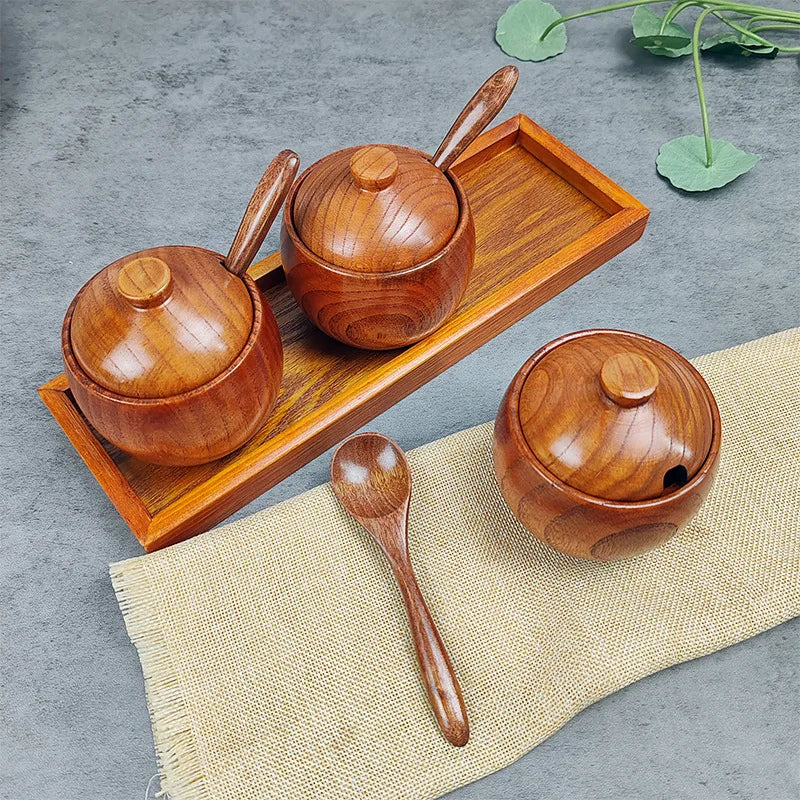 Kitchen Seasoning Jar Creative Retro Wooden Salt Pot Seasoning Storage Jar Spice Pot With Lid