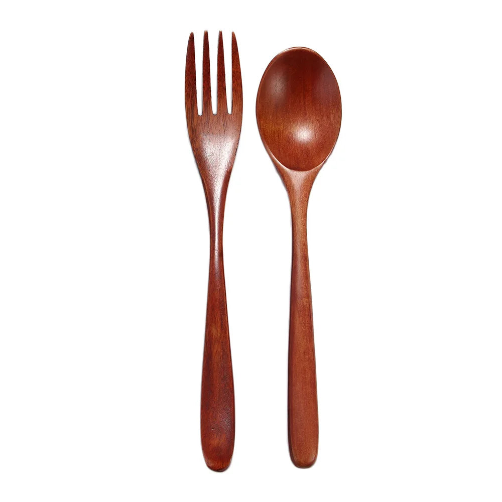 2PCS Wooden Kitchen Supplies Rice Dinner Kit Soups Dinnerware Sets Fork Tableware Spoon DIY