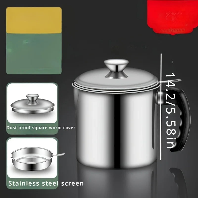 Kitchen Container With Strainer For Easy Storage Of Cooking Oil And Grease,Convenient Handle For Safe Handling And Pouring