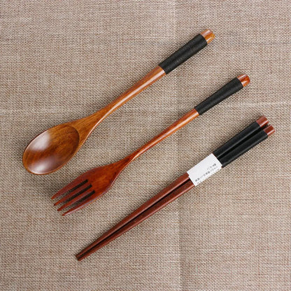 Kitchen Cutlery Set Japanese Style Portable Spoon Fork Chopsticks  Cloth Bag Wooden Natural