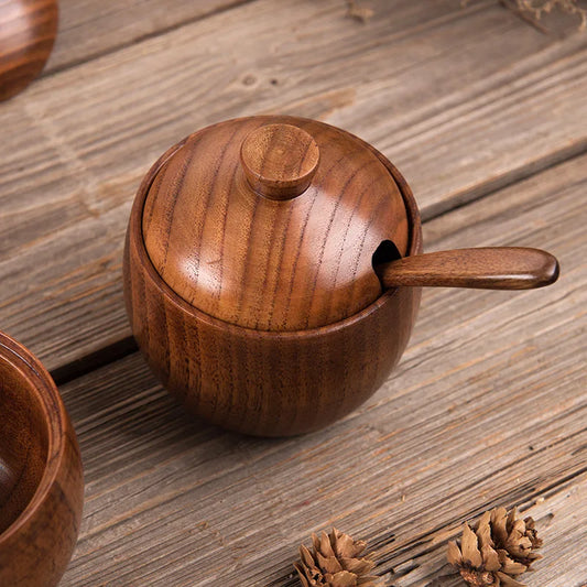 Kitchen Seasoning Jar Creative Retro Wooden Salt Pot Seasoning Storage Jar Spice Pot With Lid