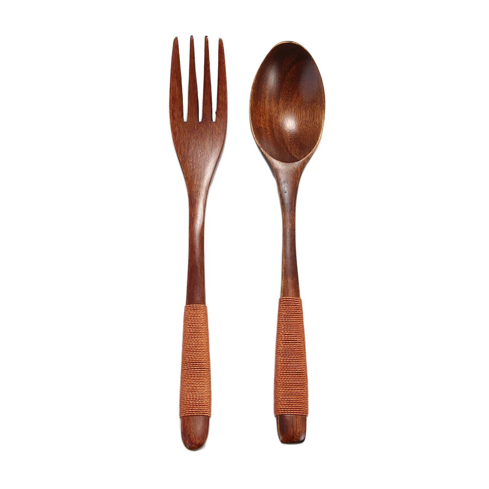 2PCS Wooden Kitchen Supplies Rice Dinner Kit Soups Dinnerware Sets Fork Tableware Spoon DIY