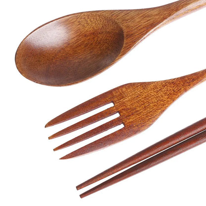 Kitchen Cutlery Set Japanese Style Portable Spoon Fork Chopsticks  Cloth Bag Wooden Natural