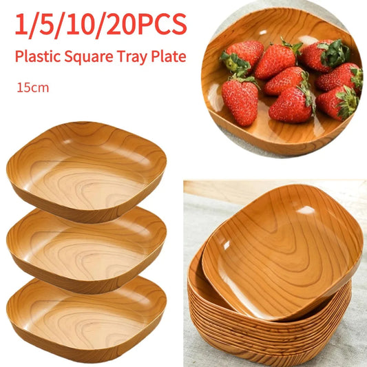 Kitchen Wood Grain Plastic Square Tray Plate Dried Fruit Fruit Cake Snack Plates Simple Snack Tea Art Dish Bone Spitting Dish