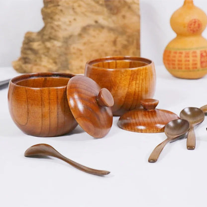 Kitchen Seasoning Jar Creative Retro Wooden Salt Pot Seasoning Storage Jar Spice Pot With Lid