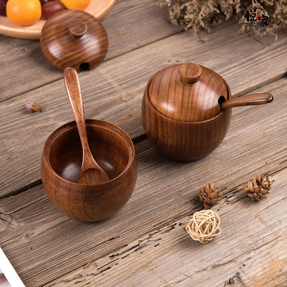 Kitchen Seasoning Jar Creative Retro Wooden Salt Pot Seasoning Storage Jar Spice Pot With Lid