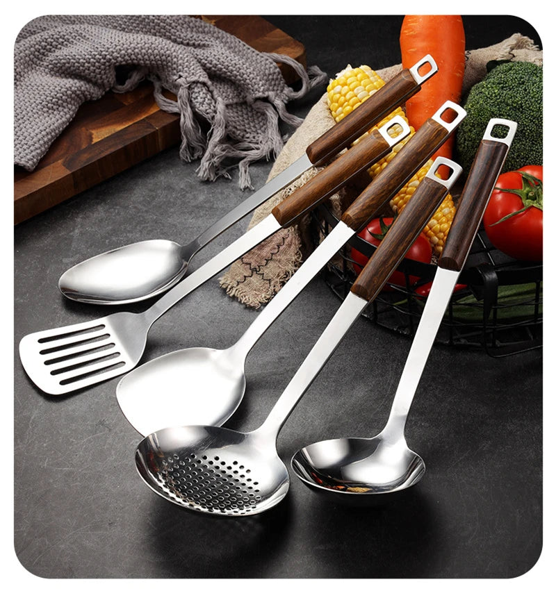 Kitchen Wooden Handle Wok Spatula Cooking Utensils Stainless Steel Frying Shovel Colander Soup Rice Spoon Kitchenware Tools