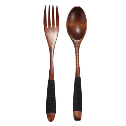 2PCS Wooden Kitchen Supplies Rice Dinner Kit Soups Dinnerware Sets Fork Tableware Spoon DIY